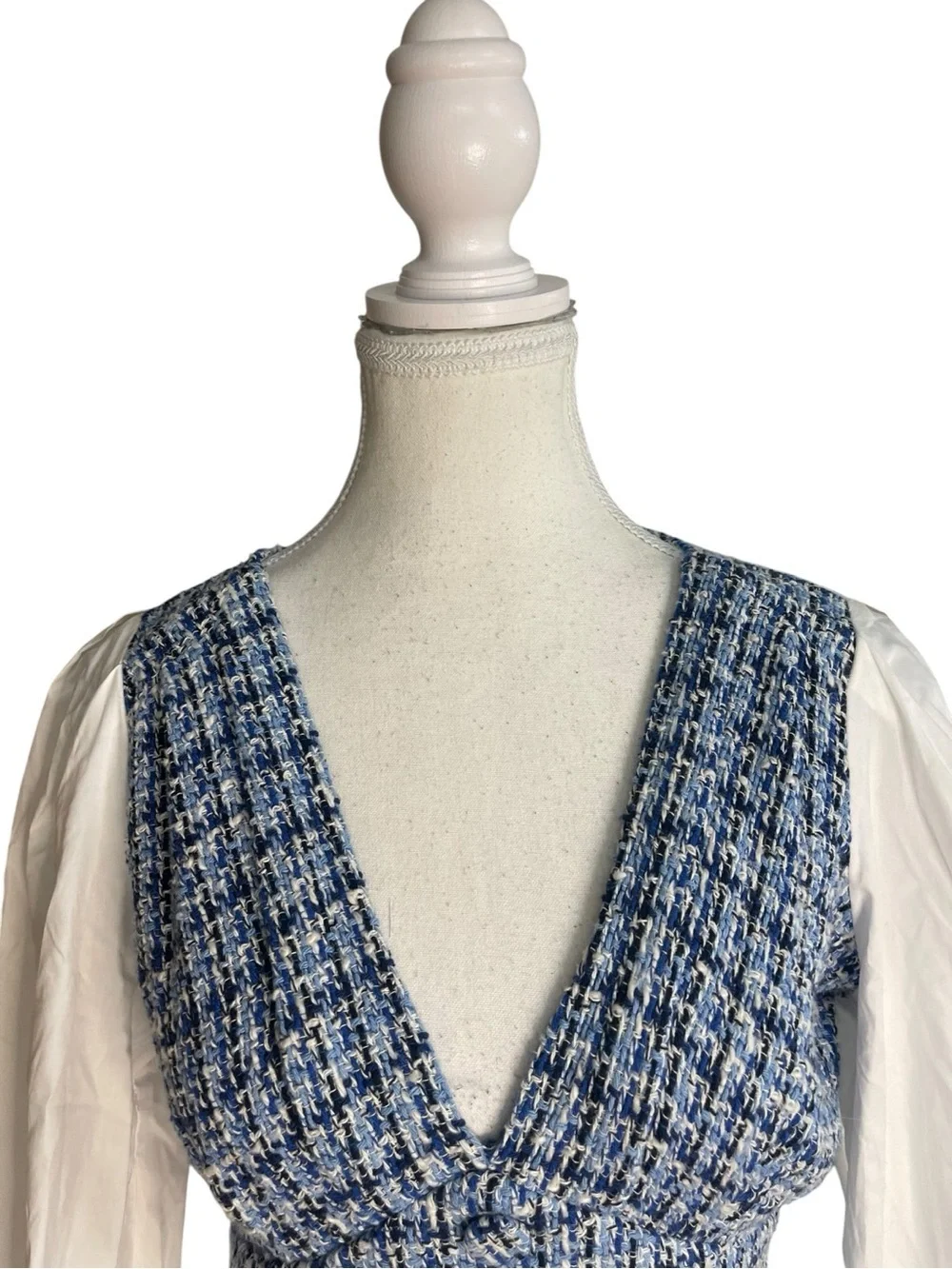 Zara Contrast Textured Tweed Cropped Blouse White Blue